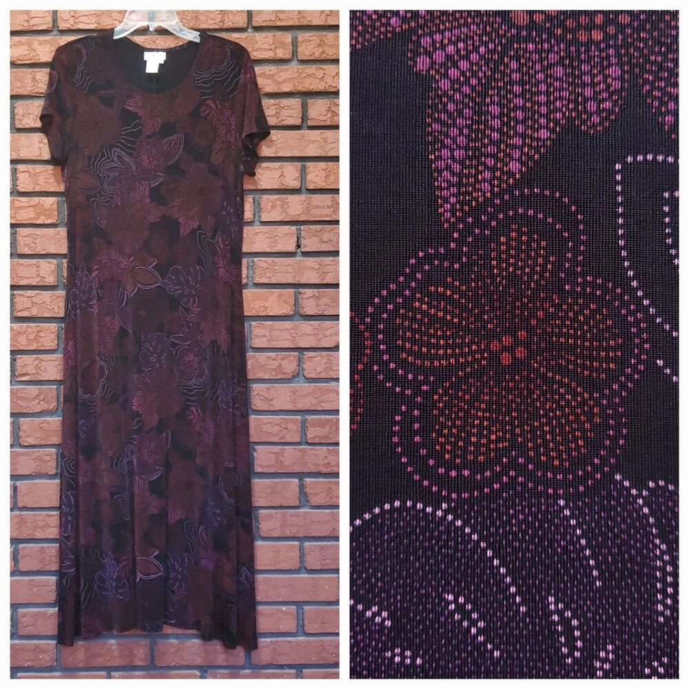 Coldwater Creek Maxi Dress Size L Dark Floral Cap Sleeve Slinky Stretch Acetate